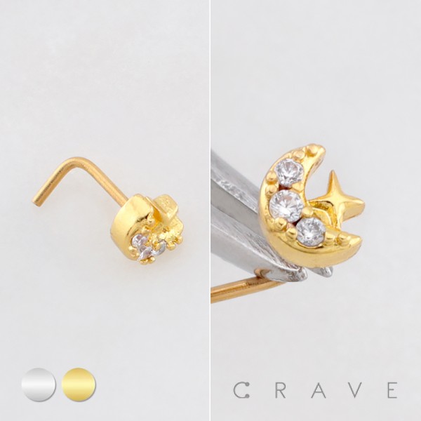 MULTI CZ CELESTIAL SPARKLING CRESCENT MOON WITH STAR 316L SURGICAL STEEL L-SHAPE NOSE RING